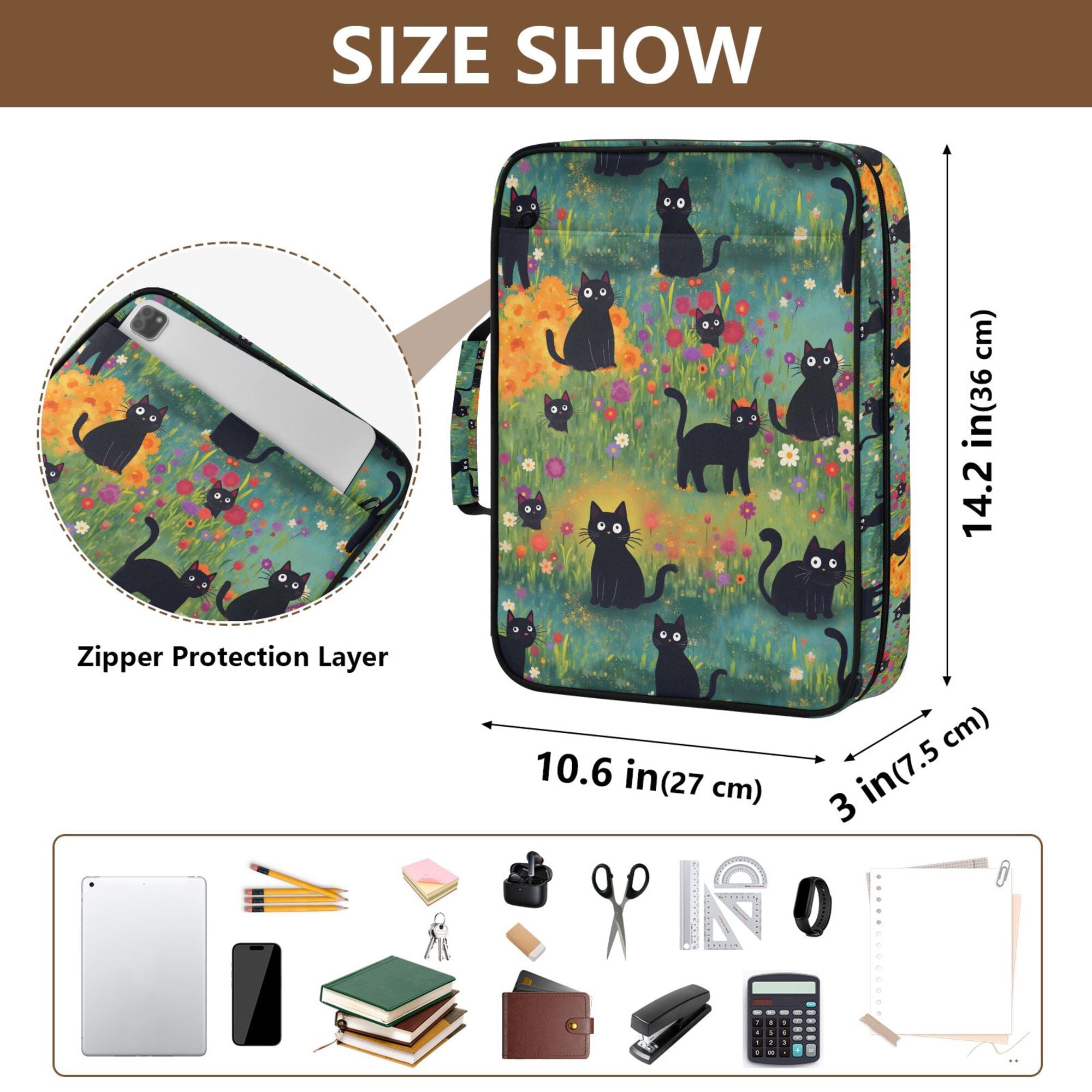 FORMRS Accordion File Folder A4 Size 7-Pocket Expanding Document Organizer Bag with 3 Ring Binder, Floral Black Cats Pattern