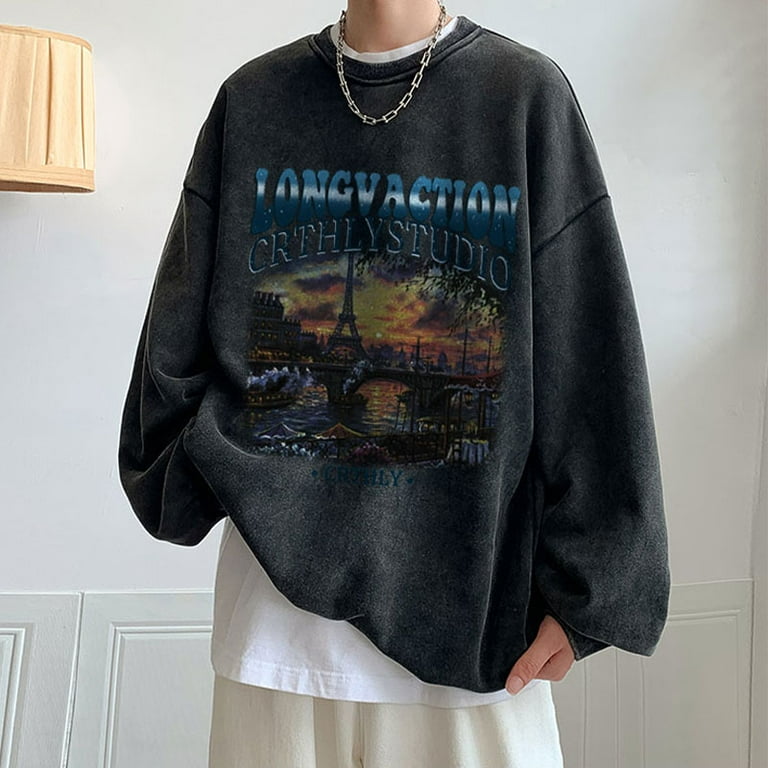 Vintage Pattern Men Sweatshirt Washed Pullovers Crew Neck