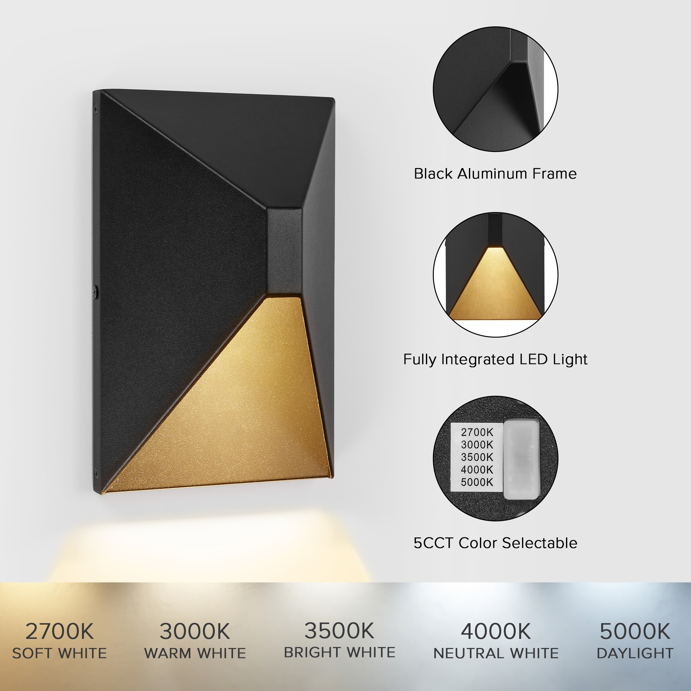 Maxxima LED Outdoor Wall Wash, Black Sconce, Modern Porch Light, 650 Lumens, 5 CCT 2700K-5000K - 8 in. Height
