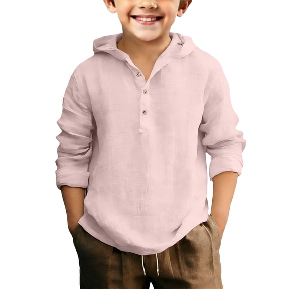 EnJoCho Boys Cotton Linen Hooded Shirt Long Sleeve Half Button Beach Top Breathable Summer Vacation Surf Style