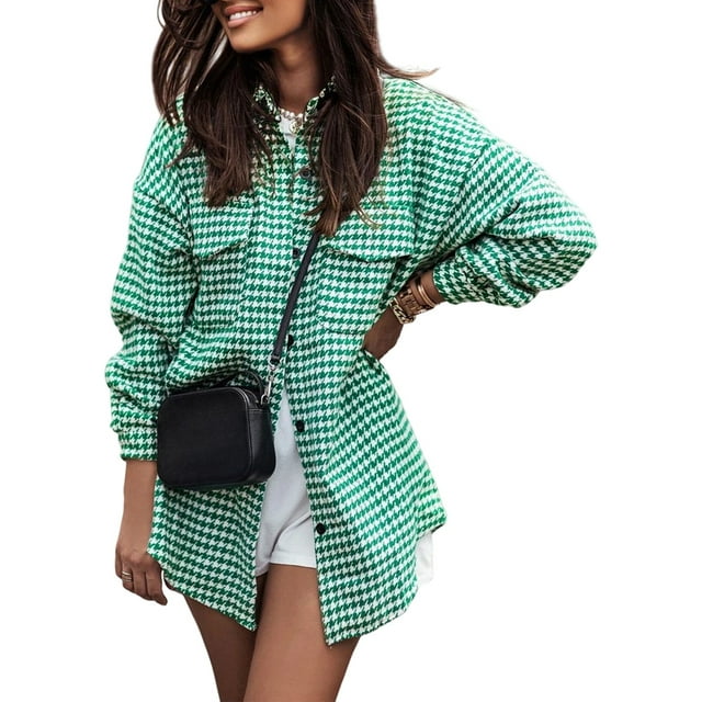 Women Casual Houndstooth Jacket Flannel Shacket Loose Long Sleeve Button Down Shacket with Pockets Green M