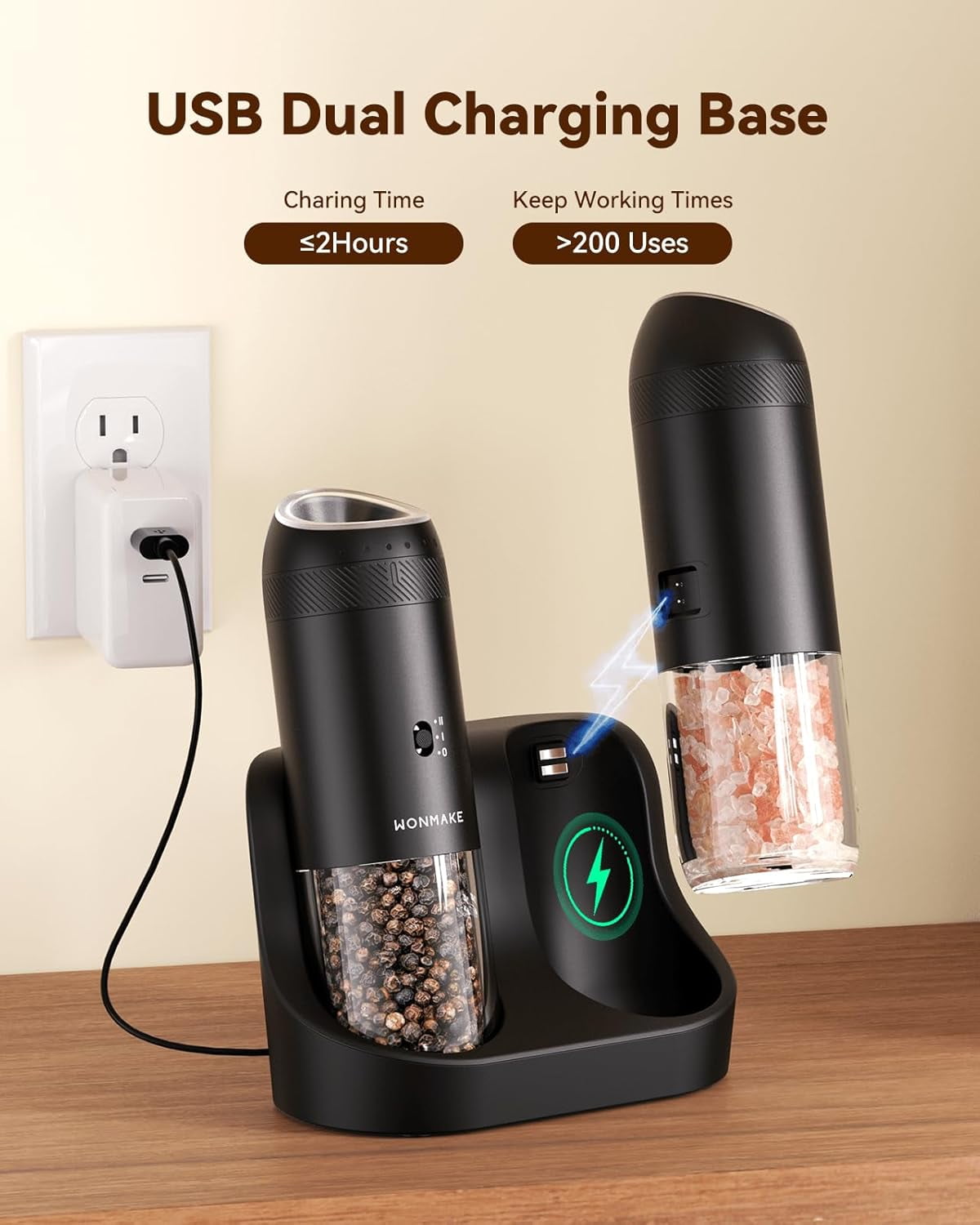 WONMAKE Gravity Electric Salt and Pepper Grinder Set with Charging Base, rechargeable salt  grinder