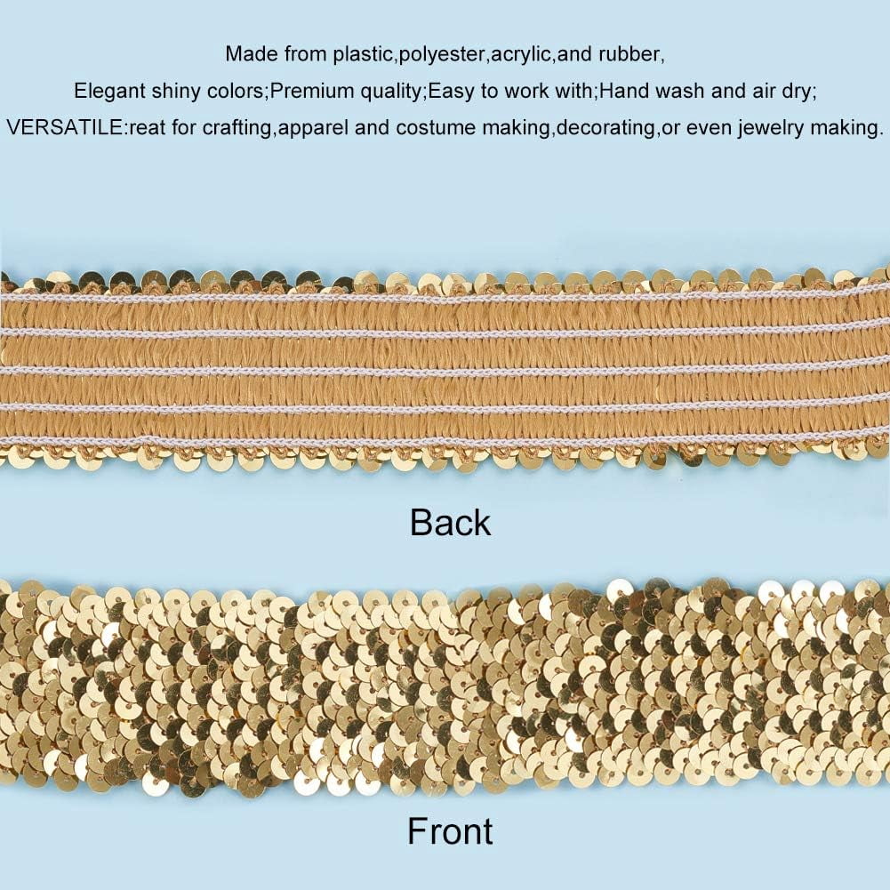 PH Elastic Sequin Flat Glitter Stretch Bling Paillette Fabric Ribbon Applique Trim Lace Band for Dress Embellish Headband (45mm/ 1.7inch Wide 10yard Long Gold) Gold