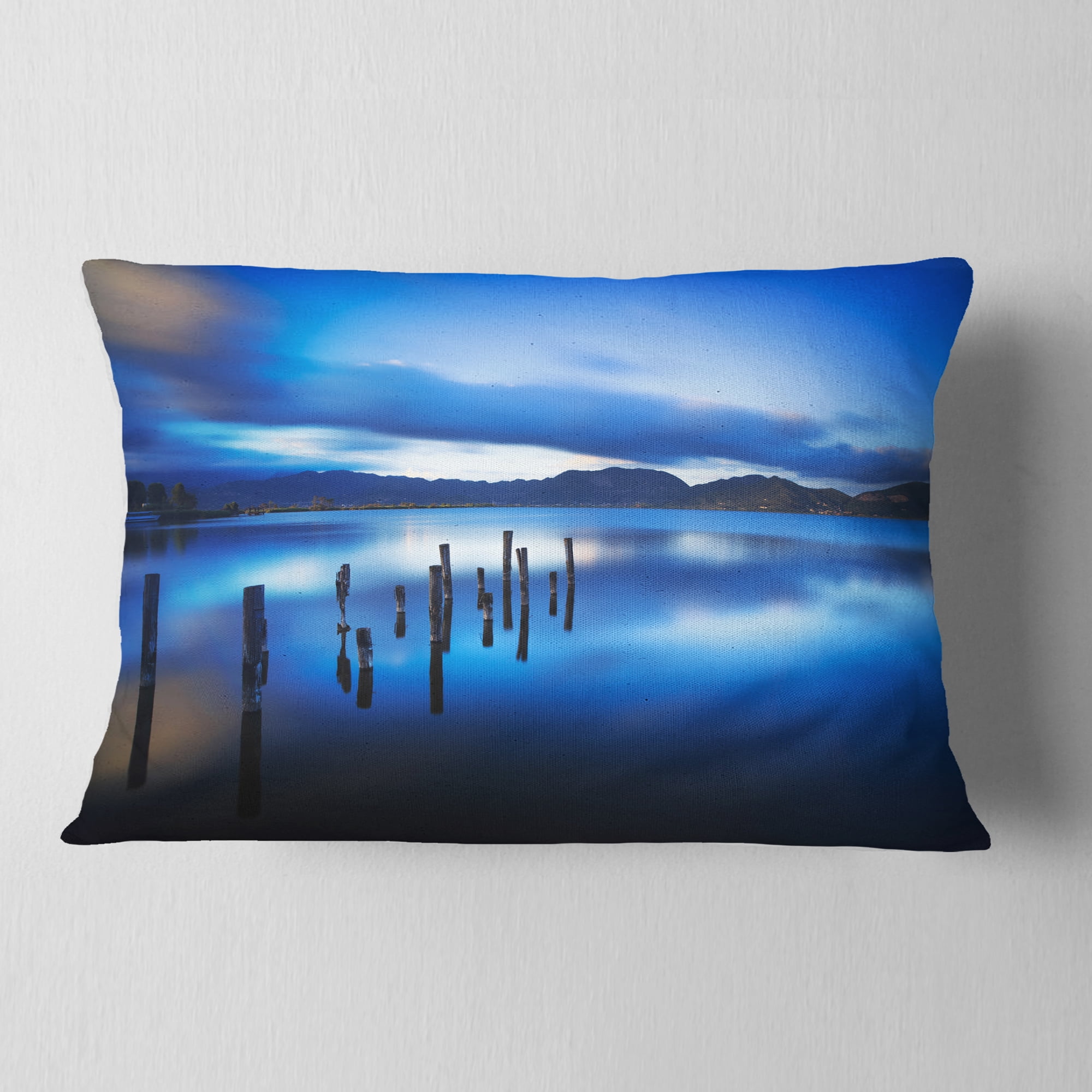 Designart Blue Lake Sunset with Pier - Landscape Photography Throw Pillow - 12x20