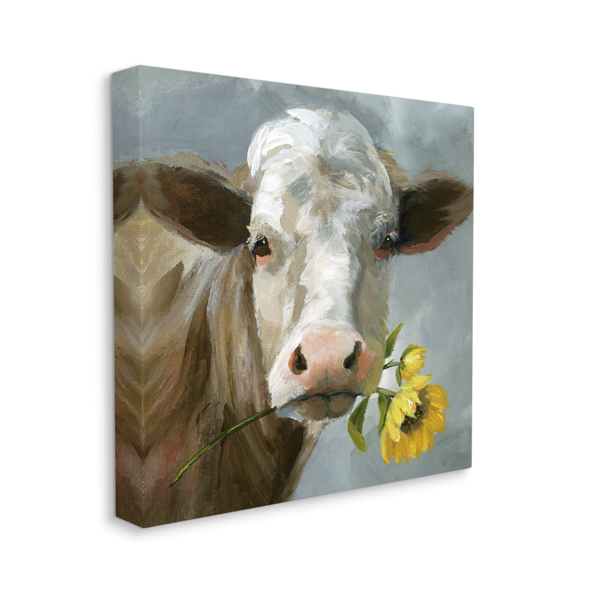 Stupell Industries Cow with Sunflower Painting Animals & Insects Painting Gallery Wrapped Canvas Art Print Wall Art, 17 x 17