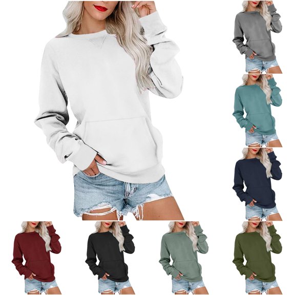 CAIVO Womens Long Sleeve Pocket Pullover Crewneck Sweatshirt Drop Shoulder Casual Tops Lightweight Solid Color Vacation Fall Streetwear
