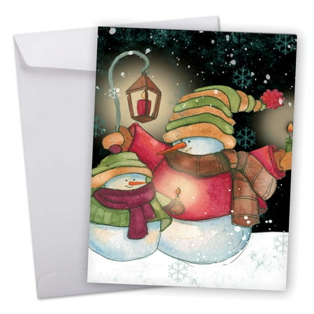 J6657GSGG Jumbo Seasons Greetings Card: 'Snow Pals Seasons Greetings' Featuring Cute and Cuddly Watercolor Snowmen Against a Snowy Nighttime Backdrop Greeting Card with Envelope by The Best Card