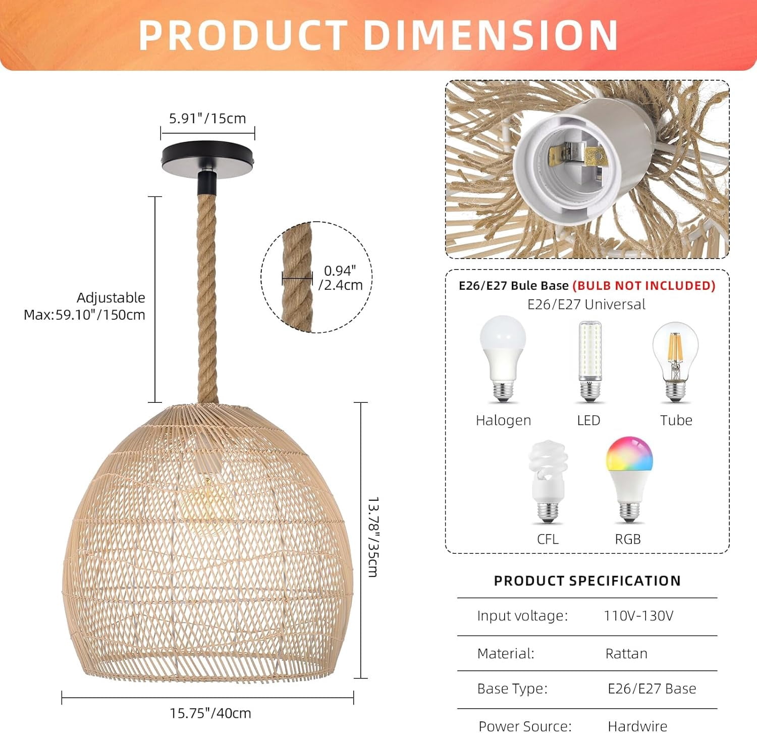 Arturesthome Hemp Rope Pendant Hand-woven Rattan Chandelier Natural Rattan Single Pendant