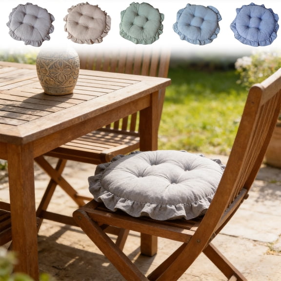 Round Solid Color Ruffled Cushion with Lace,Fabric Non-Slip Soft Chair Pad,Ruffled Skirt Seat Cover for Wooden Dinner Chair,15.75x15.75x0.8 in (Dark Blue)