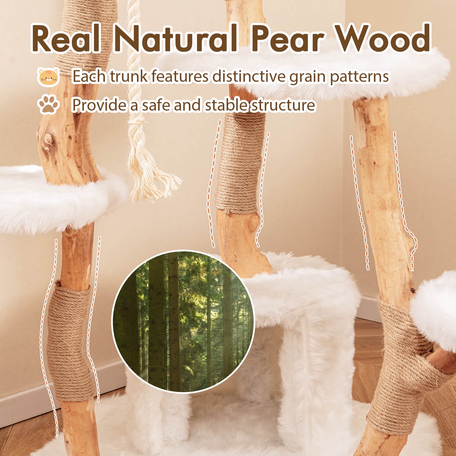 Infans 66" Tall Solid Wood Cat Tree w/ Perch Condo Jute Scratching Posts Sisal Rope