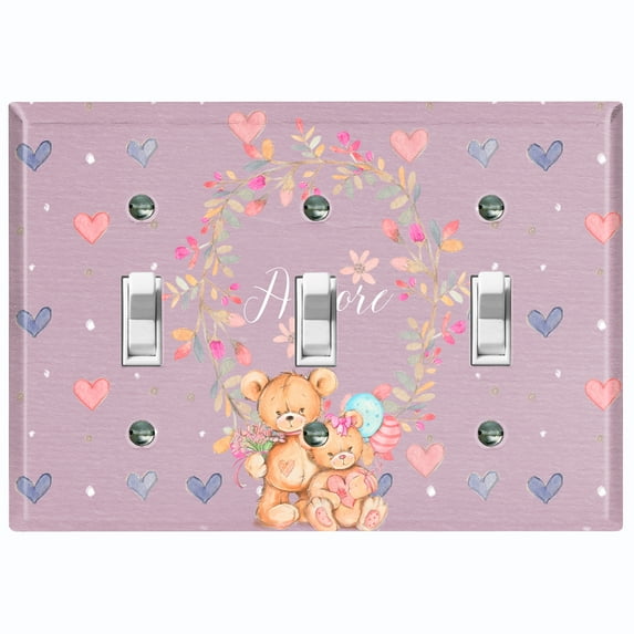 Metal Light Switch Wall Plate Outlet Cover (2 Teddy Bears With Love Heart Flower Balloon Flower Wreath Purple - Triple Toggle)
