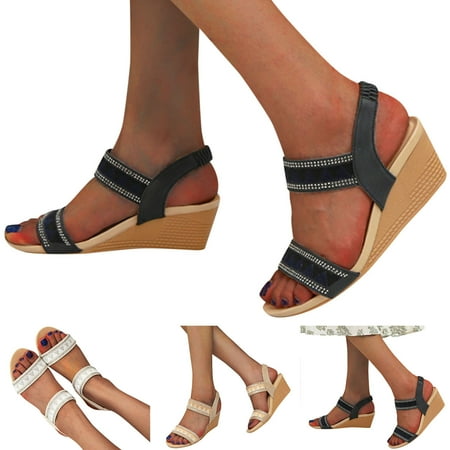 

CAICJ98 Walking Shoes Women Wedge Sandals For Women Bohemian Elastic Ankle Strap Womens Platform Sandals Summer Woven Flower Rhinestone Sandalias White