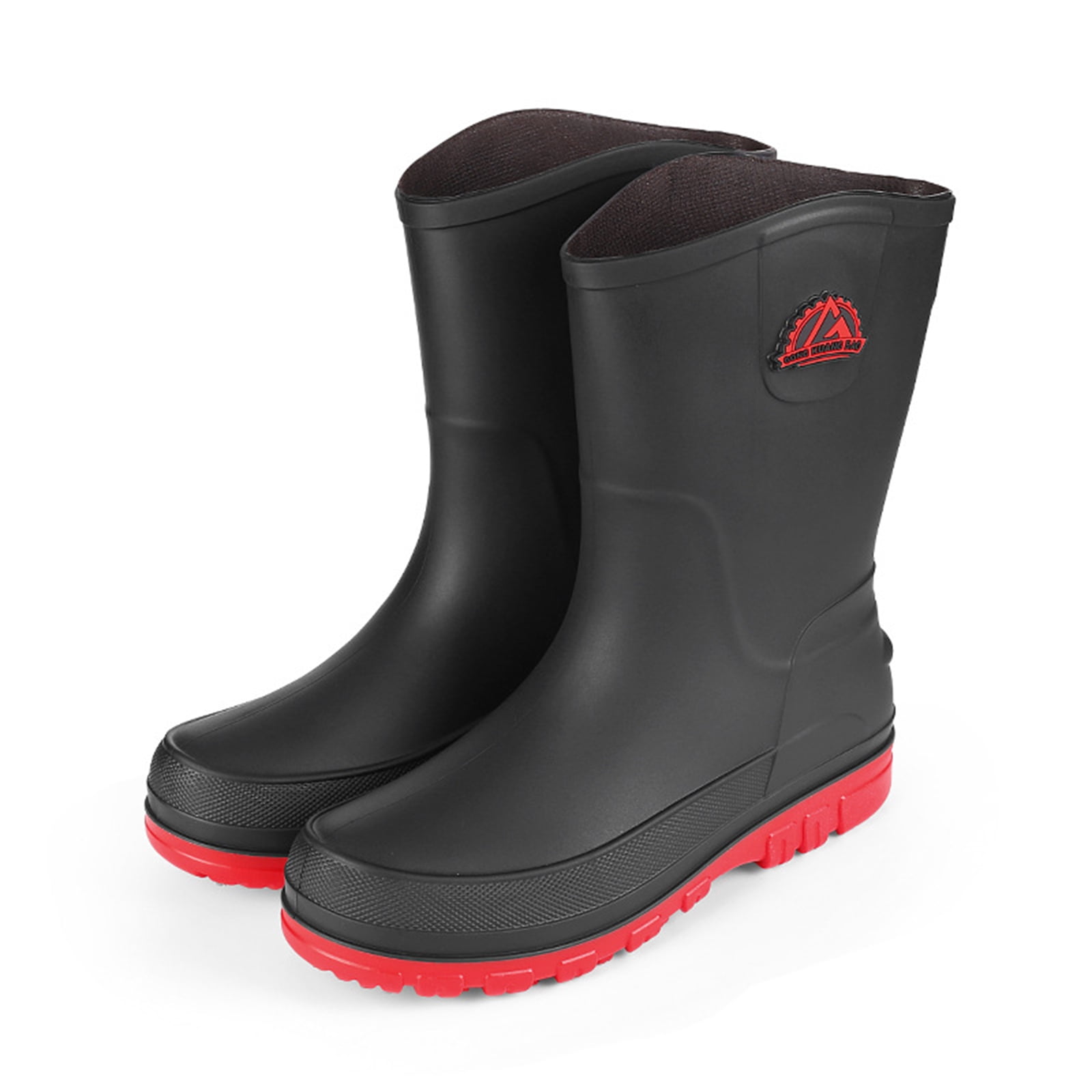 Liyufly Rain Boots for Men, Non-Slip Waterproof Rubber Boots Outdoor Garden Mid Calf Muck Work Shoes Rainboots for Fishing Climbing, Black & Red, Size 10.5