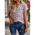 thumbnail image 3 of Blusa estampada para mujer Cuello en V Manga corta con volantes Cuello alto Blusa con volantes para mujer Top Beige S, 3 of 8