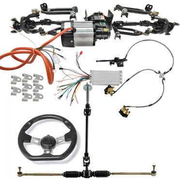 Front Axle Kit 4 Wheel Drive Half Axle Assembly Shock Swingarm Tie Rod & 48V 1000W Differential Motor Controller Brake & Steering Wheel Shaft for Electric Go Kart ATV Quad Buggy Golf Cart