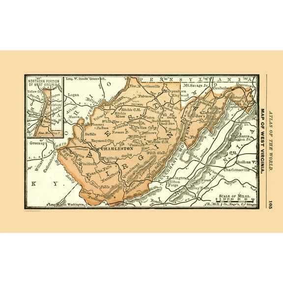 Historic State Map - West Virginia - Alden 1886 - 35.69 x 23 - Vintage Wall Art