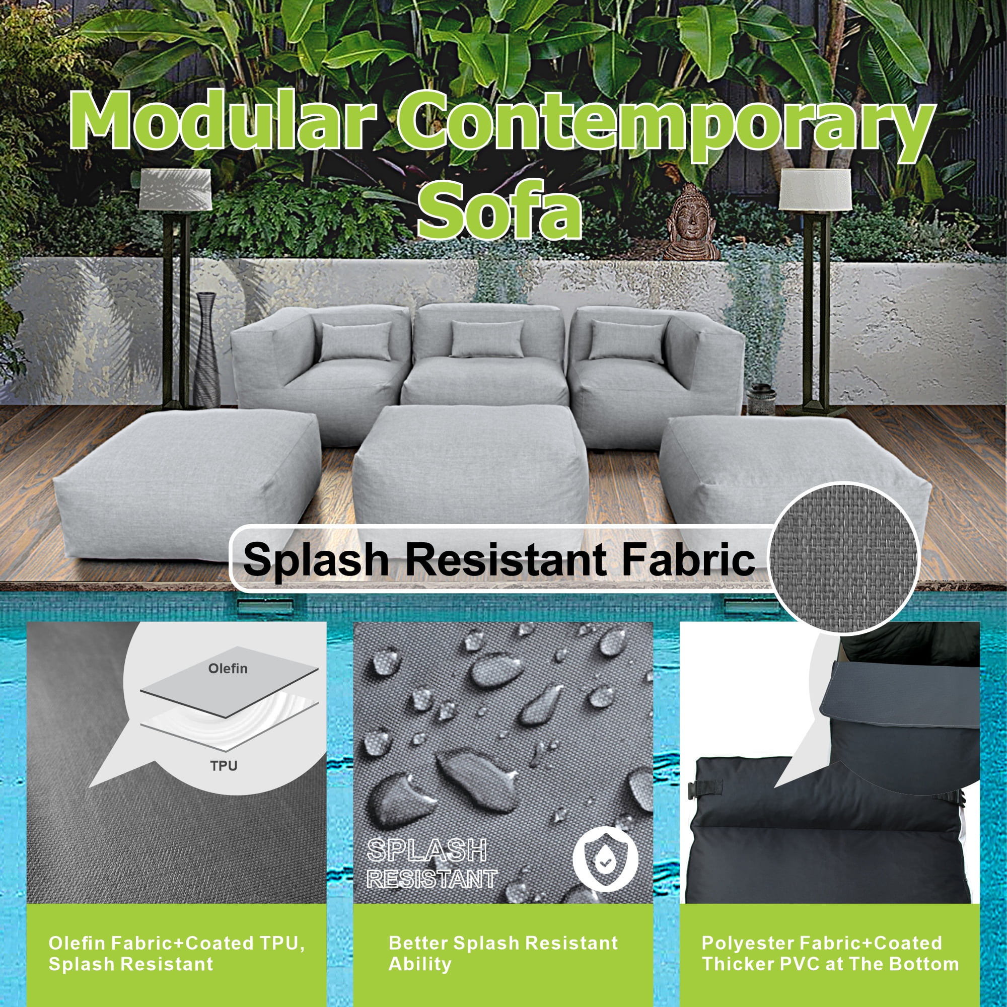6 Pieces Olefin Patio Conversation Set with Thickened Cushions 5-Seat Outdoor Furniture Set with Bean Bag Chairs (Dark Gray)