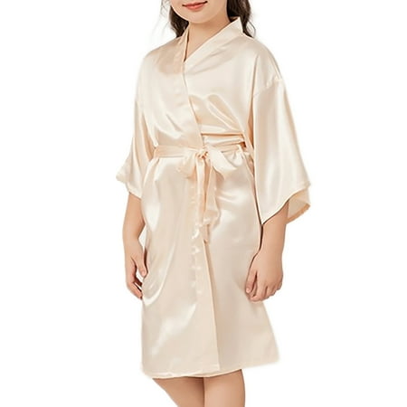 Kids Girl s Silky Satin Kimono Robe for Spa Wedding Birthday Party Solid Color Lingerie Sleepwear Children s Gifts Khaki 6T-8