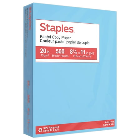 Staples Pastel 30% Recycled Color Copy Paper 20 lbs. 8.5" x 11" Blue 500/Ream (14786)