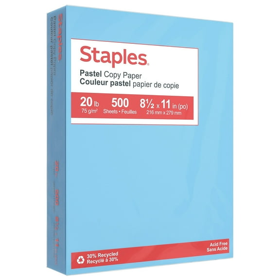 Staples Pastel 30% Recycled Color Copy Paper 20 lbs. 8.5" x 11" Blue 500/Ream (14786)