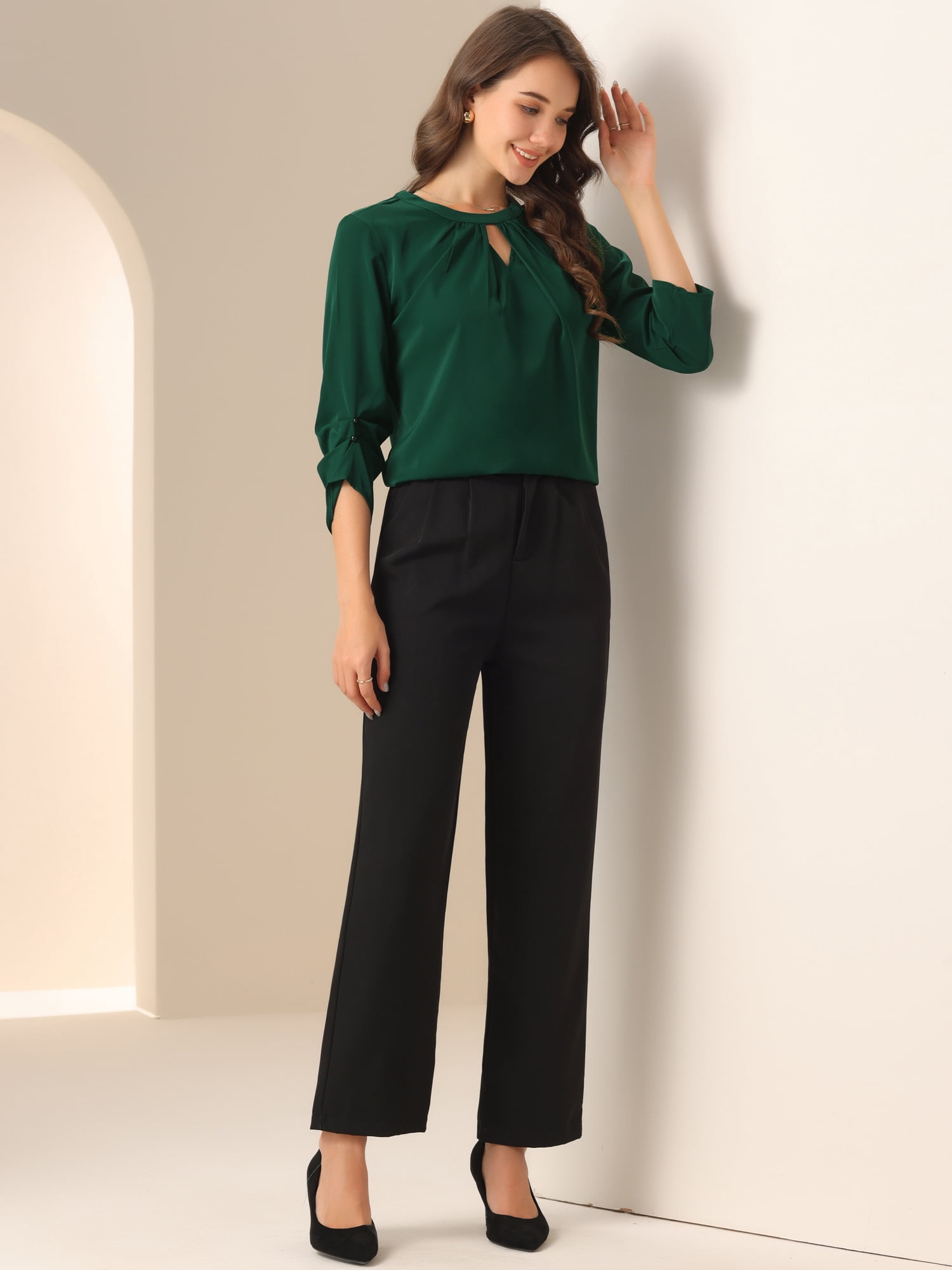 DARING DIVA Round Neck Keyhole Pleated Shirred Work Top M Dark Green