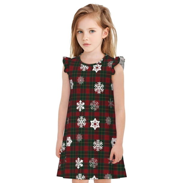 Fotbe Plaid Snowflakes Festive Vestido de Dormir para Niñas de 3 a 10 Años, Mangas Cortas, Estilo Princesa, Pijama Camisón con Mangas Voladas-X-Large