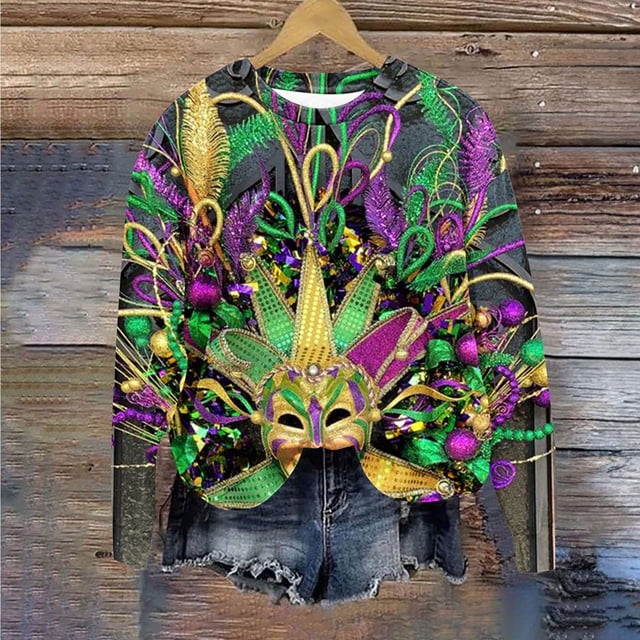 T-Shirts Mardi Gras pour Femmes Grande Taille, Chandails en Molleton Mardi Gras Femmes Paillettes, T-Shirts Mardi Gras Femmes Masque Paillettes Graphique t-Shirt, T-Shirts Manches Longues Carnaval Col Rond T-Shirts Fête Hauts Carnaval