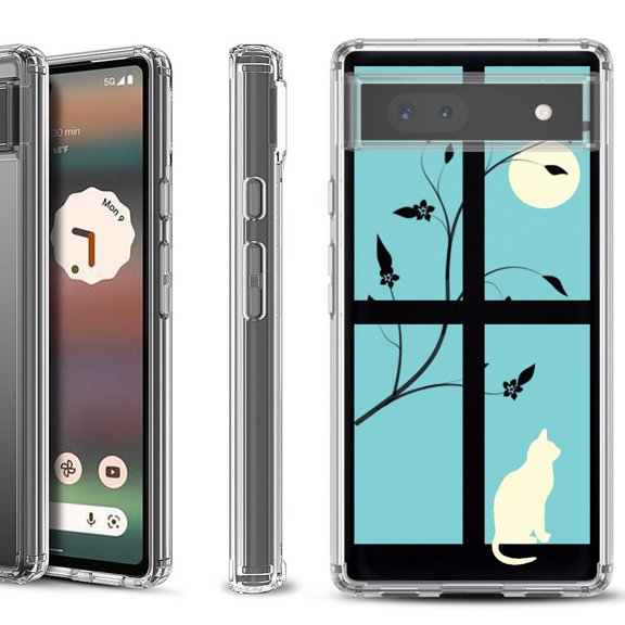 Shockproof Bumper Phone Case for Google Pixel 6a, by OneToughShield - Moon/Cat