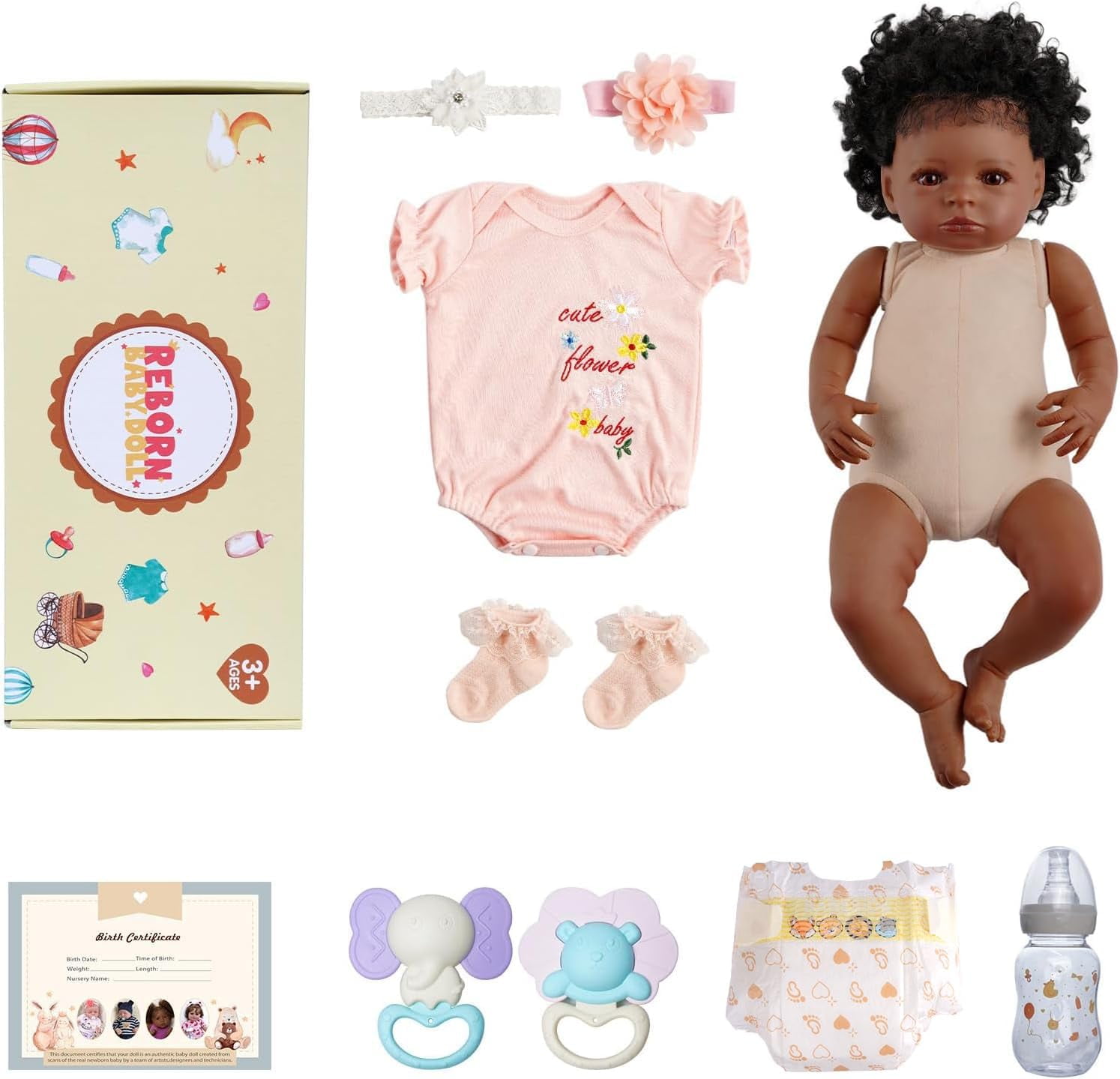 BABESIDE 20 Inch Lifelike Reborn Baby Dolls Black Girl Girl Real Life Baby Girl Dolls Soft Vinyl and Cloth Body with Gift Box for Kids Age 3+