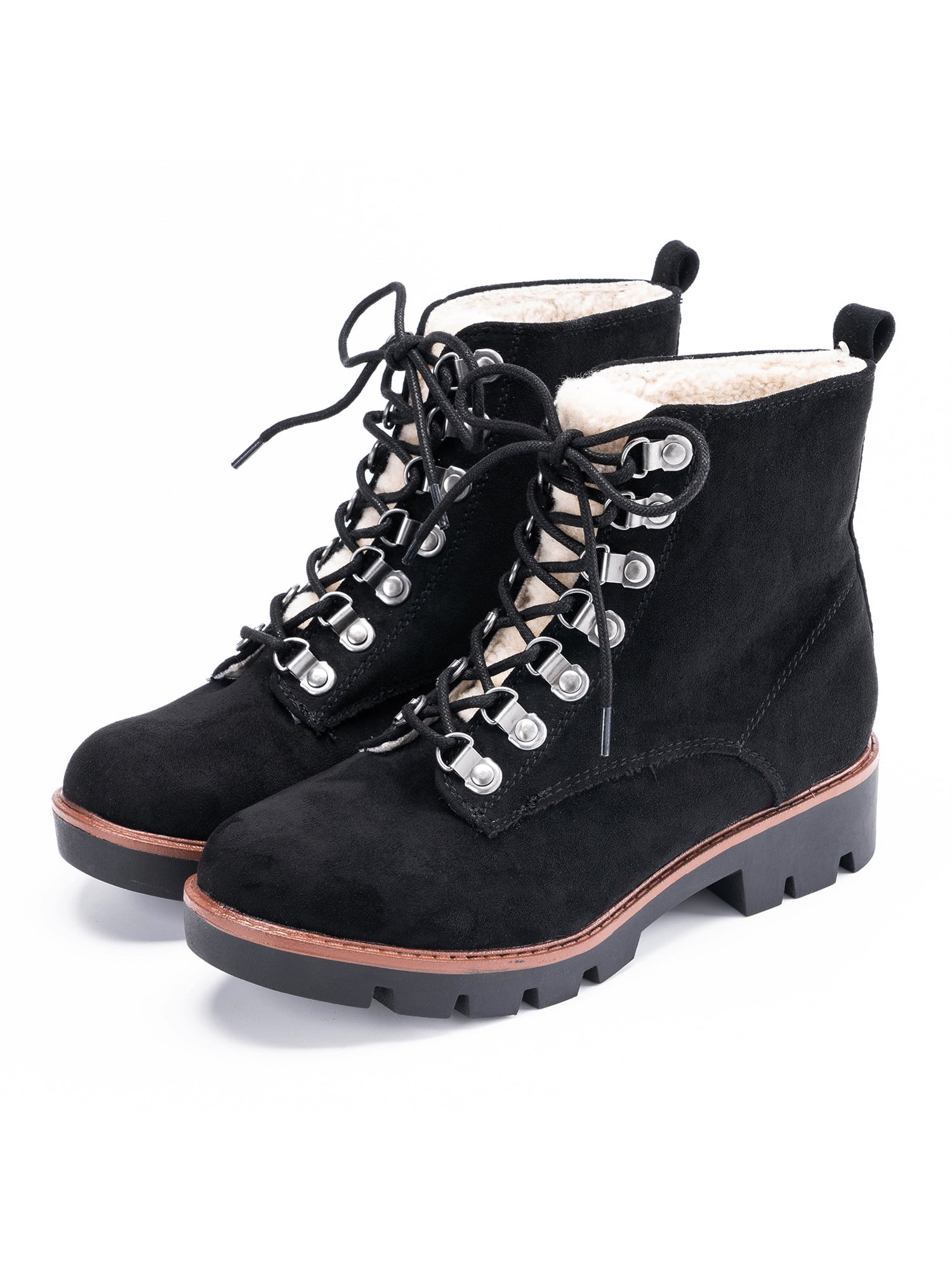 LUXUR Womens Lace Up Platform Faux Fur 