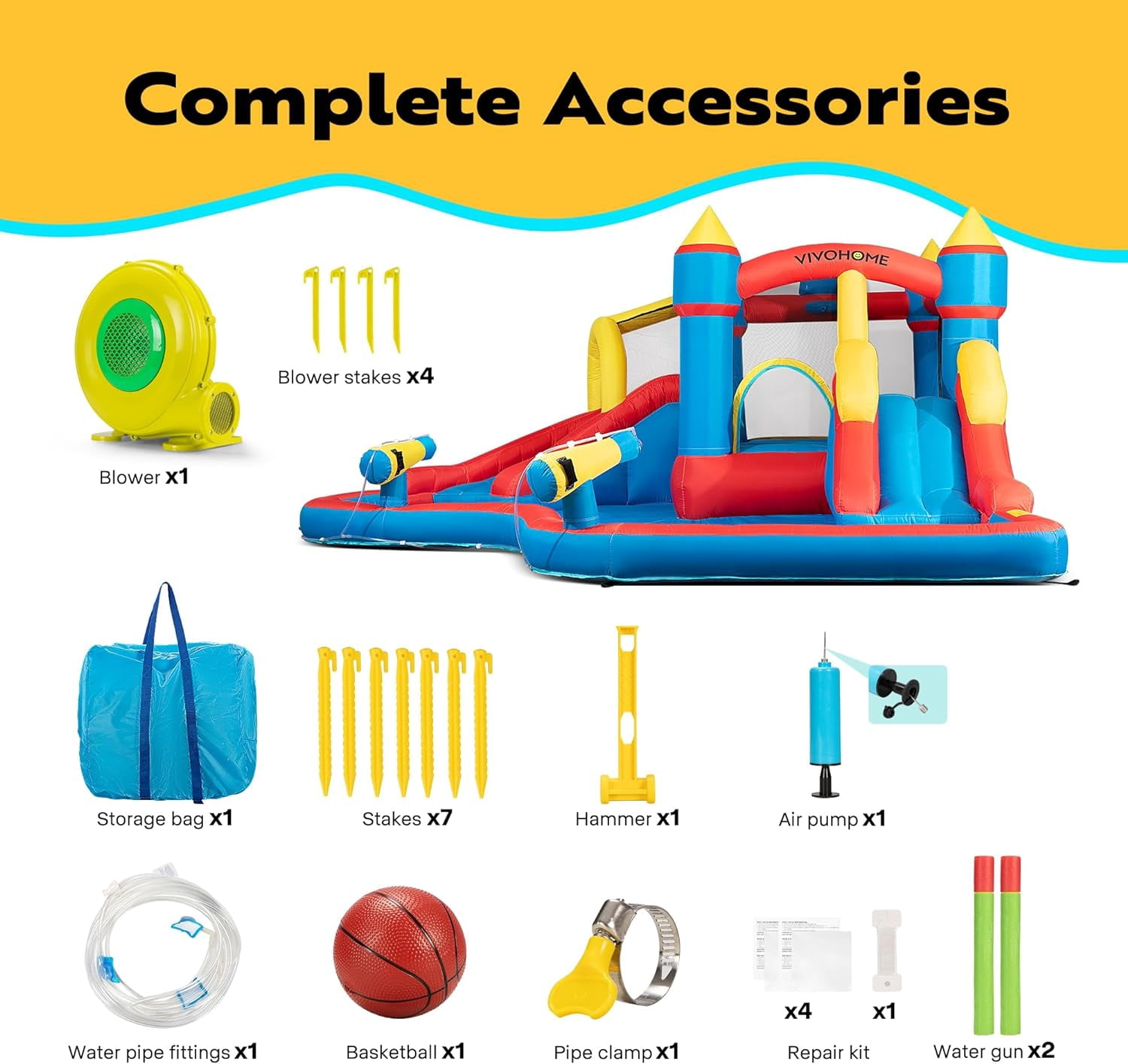 SPECSTAR Inflatable Bounce House Water Bouncer Jumping Castle with 450W Air Blower, Double Water Slide, Sprinkler, Splash Pool, Basketball Hoop, Water Gun, Climbing Wall for Kids Outdoor Backyard