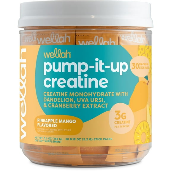 Wellah Pump-It-Up Creatine For Women (Pineapple Mango) 30 Stick Packs - 3g of Creatine Monohydrate with Dandelion, Uva Ursi, & Cranberry Extract, To-Go Packets