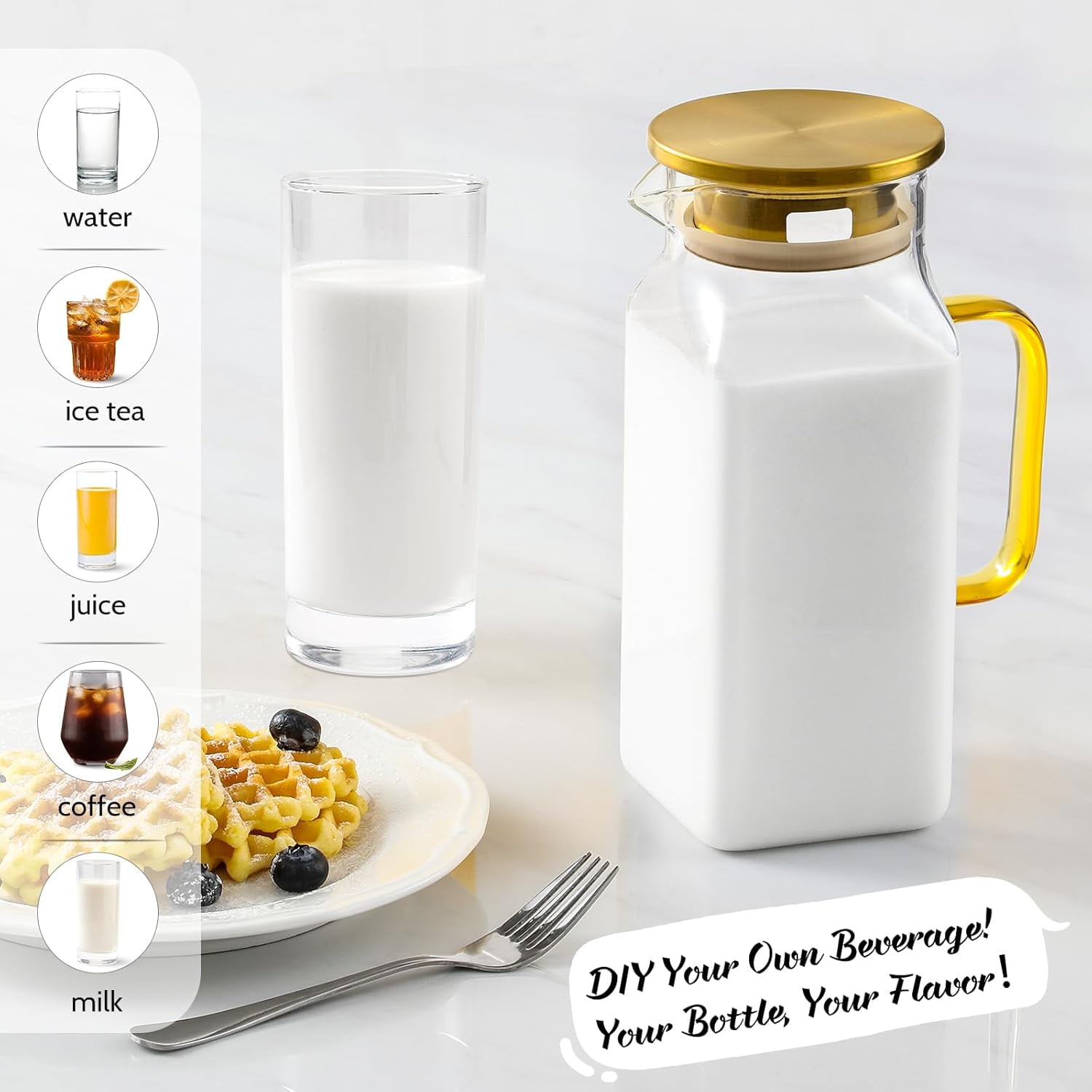 40 oz 1.2 Liter Square Glass Pitcher with Lid and Spout, Borosilicate Glass Carafe with Handle for Fridge, Durable Large Water Jug for Iced Tea, Coffee, Cold and Hot Beverages
