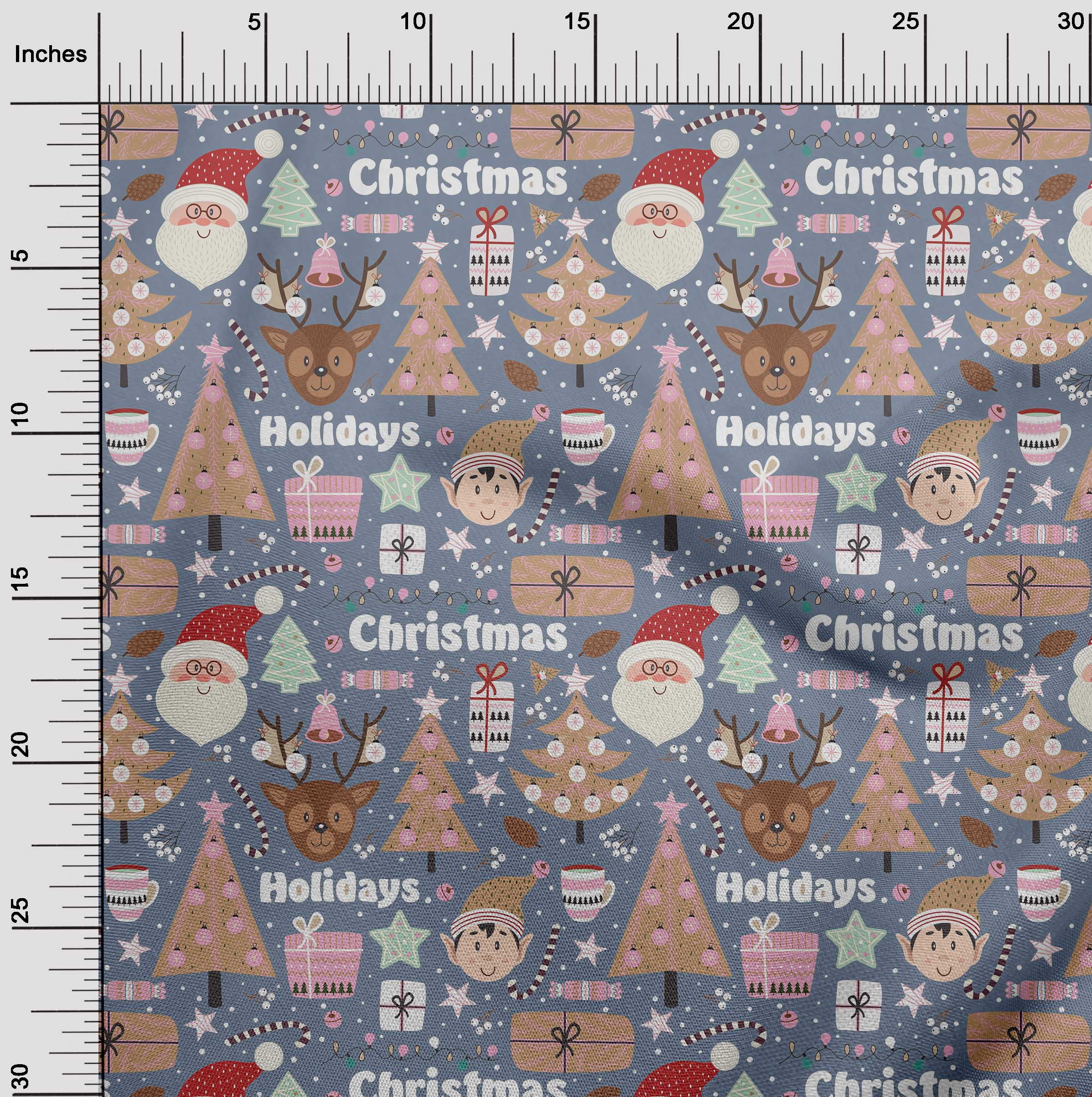 oneOone Viscose Chiffon Grayish Blue Fabric Santa|Gift Box & Tree Christmas Quilting Supplies Print Sewing Fabric By The Yard 42 Inch Wide