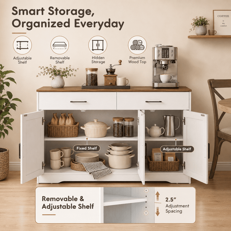 Lacoo Farmhouse Sideboard Buffet Cabinet with 2 Drawers and 3 Doors, Kitchen Storage Cabinet with Adjustable Shelf, Coffee Bar Cabinet for Dining Room and Living Room, White
