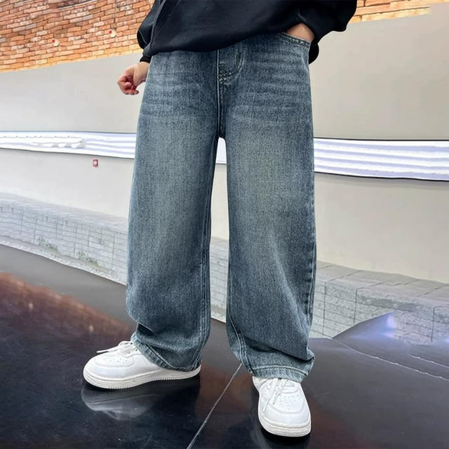 YUNAFFT Boys & Girls Wide Leg Jeans Relaxed Fit Solid Color Casual Pants with Functional Pockets Everyday Comfort Style