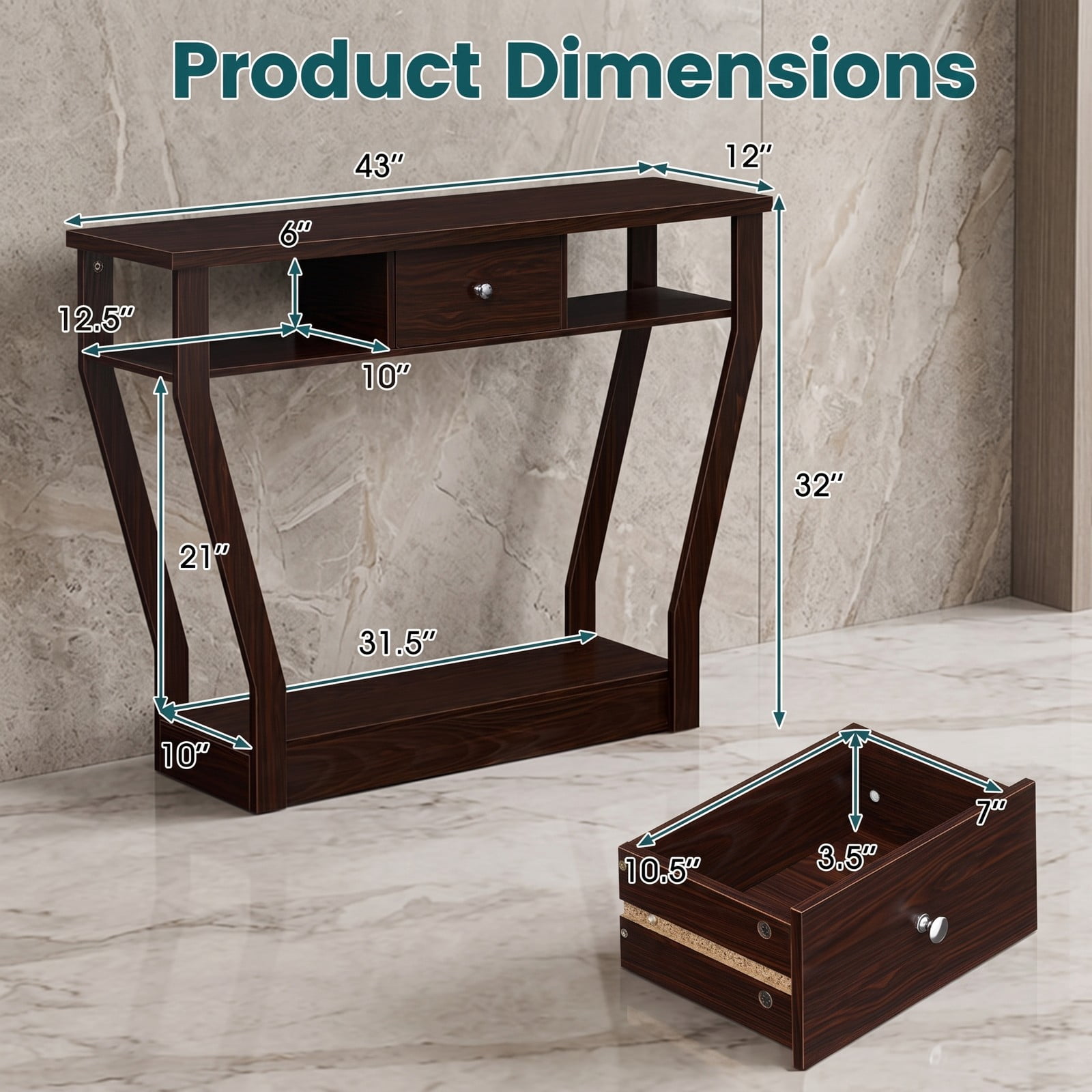 Furnibear Modern Console Accent Table with Storage Drawer and Open Shelf for the Living Room Entryway and Hallway, Brown