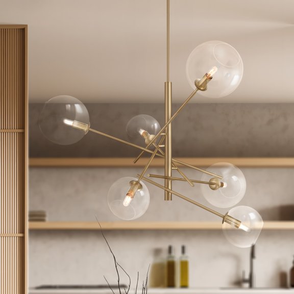 Hunter - Farling 6-light Alturas Gold, Extra Large Chandelier, Dimmable, Modern Style, Sputnik Shaped, for Bedrooms, Dining, Living Rooms - 48170