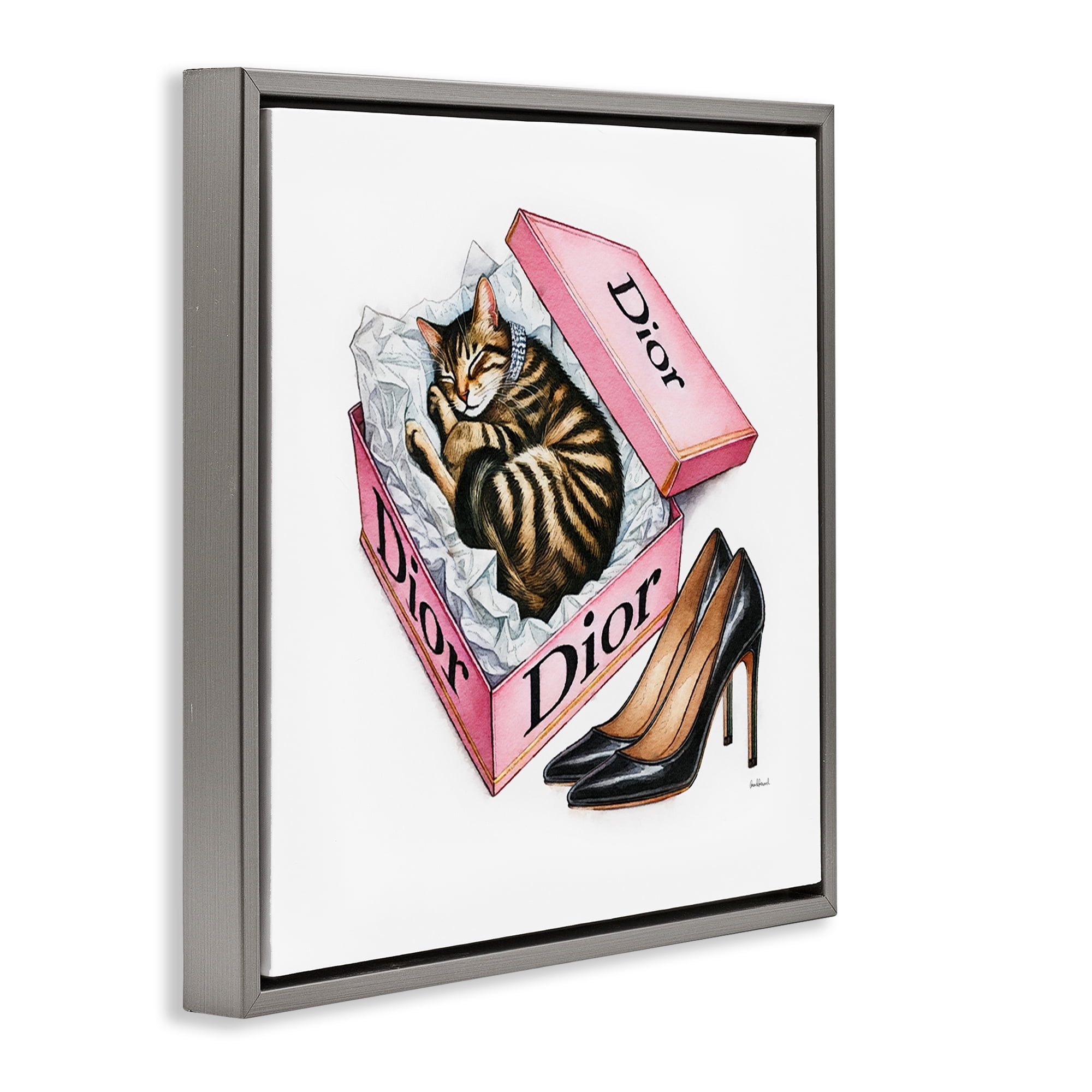Stupell Industries Pink Shoebox with Kitten Animals Painting Gray Floater Framed Canvas Art Print Wall Art, 25 x 25