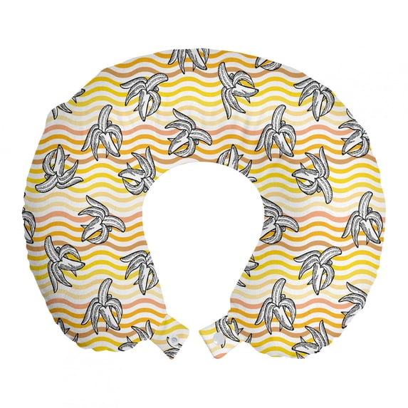 Fruit Travel Pillow Neck Rest, Repetitive Banana Sketch Motifs on Summer Tones Waved Background, Memory Foam Traveling Accessory Airplane and Car, 12", Charcoal Grey and Multicolor, by Ambesonne