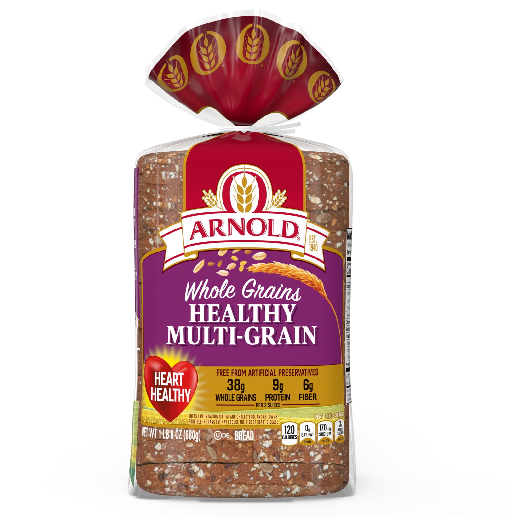 Arnold Whole Grains Healthy Bread, 24 oz, Multi-Grain Multigrain Bread, Bag