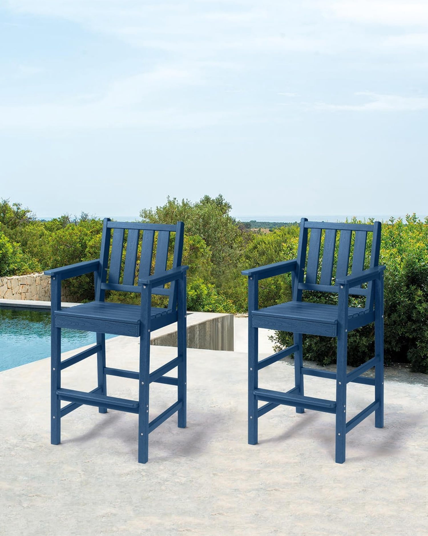 Adirondack Bar Chair Set of 2, HDPE Outdoor Bar Stools with Footrest, All Weather Adirondack Bar Height Chairs for Patio, Balcony, Porch, Deck, Poolside, Navy