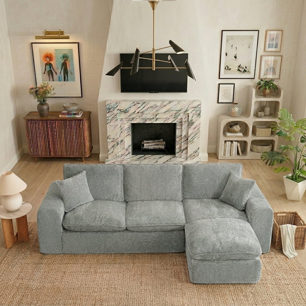 AISWORD 107" Modern Boucle Modular Sectional Cloud Sofa with Moveable Ottoman and Pillows