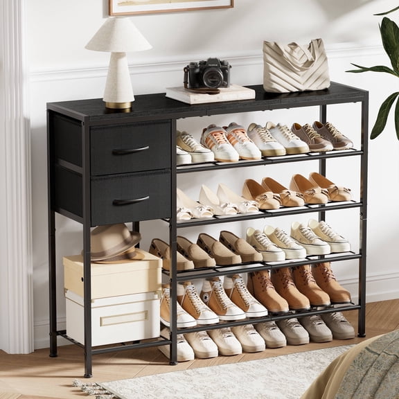 BGTREND 5-Tier Shoe Rack with Wooden Top and 2 Fabric Drawers, 16-21Pairs Shoe Storage Organizer with Boots Storage, Wide Shoe Stand for Entryway Hallway Closet (37.4''L, Black)