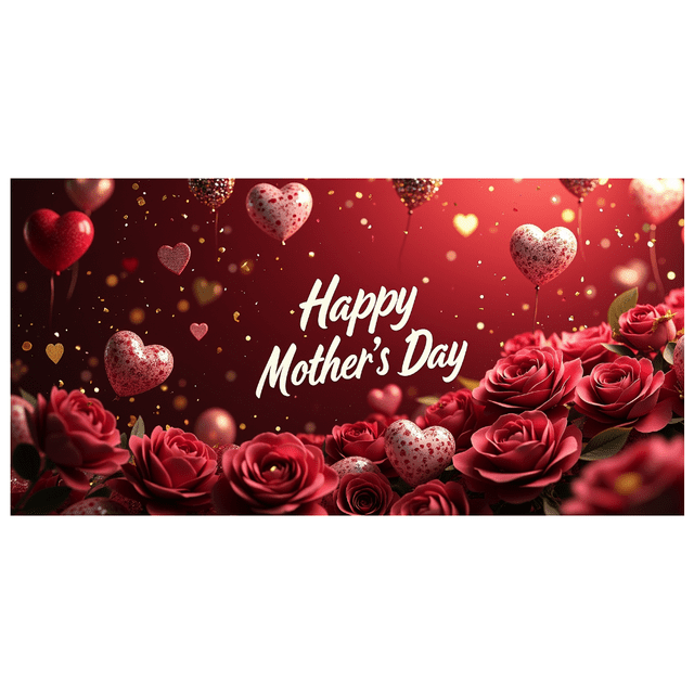 Red Background Happy Mothers Day Banner with Roses Hearts and Glitter Decors for Mothers Day Celebration Party Event Photography Backdrop Decorations