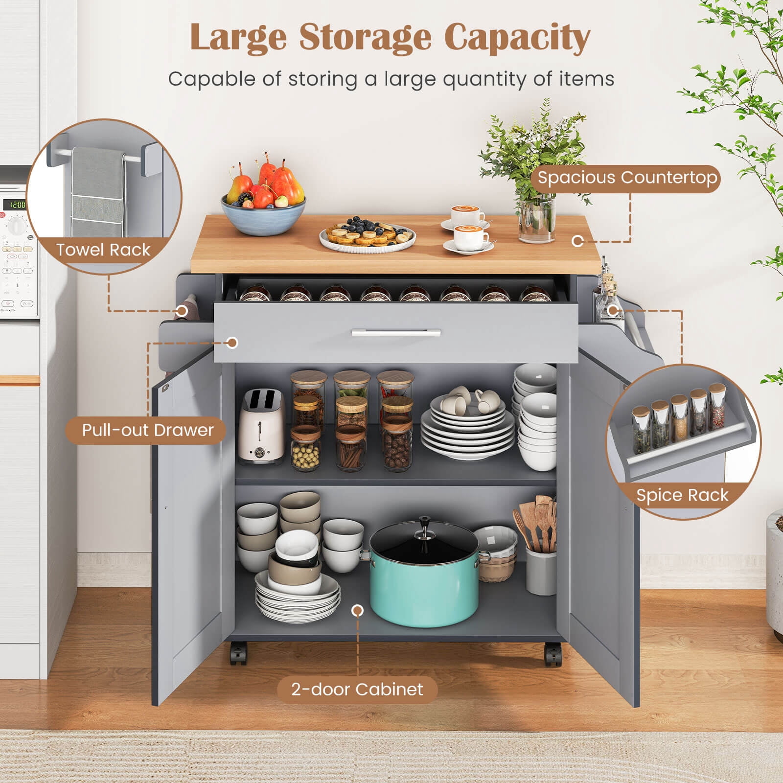 Costway Kitchen Island 44" Rolling Kitchen Cart with Drawer Adjustable Shelf Spice Rack Gray