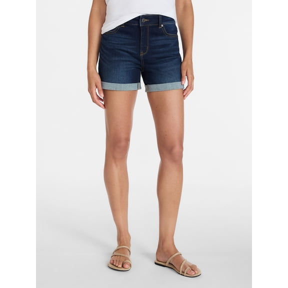 Time and Tru Women's Mid Rise Roll Cuff Denim Shorts, 4" Inseam, Sizes 0-20