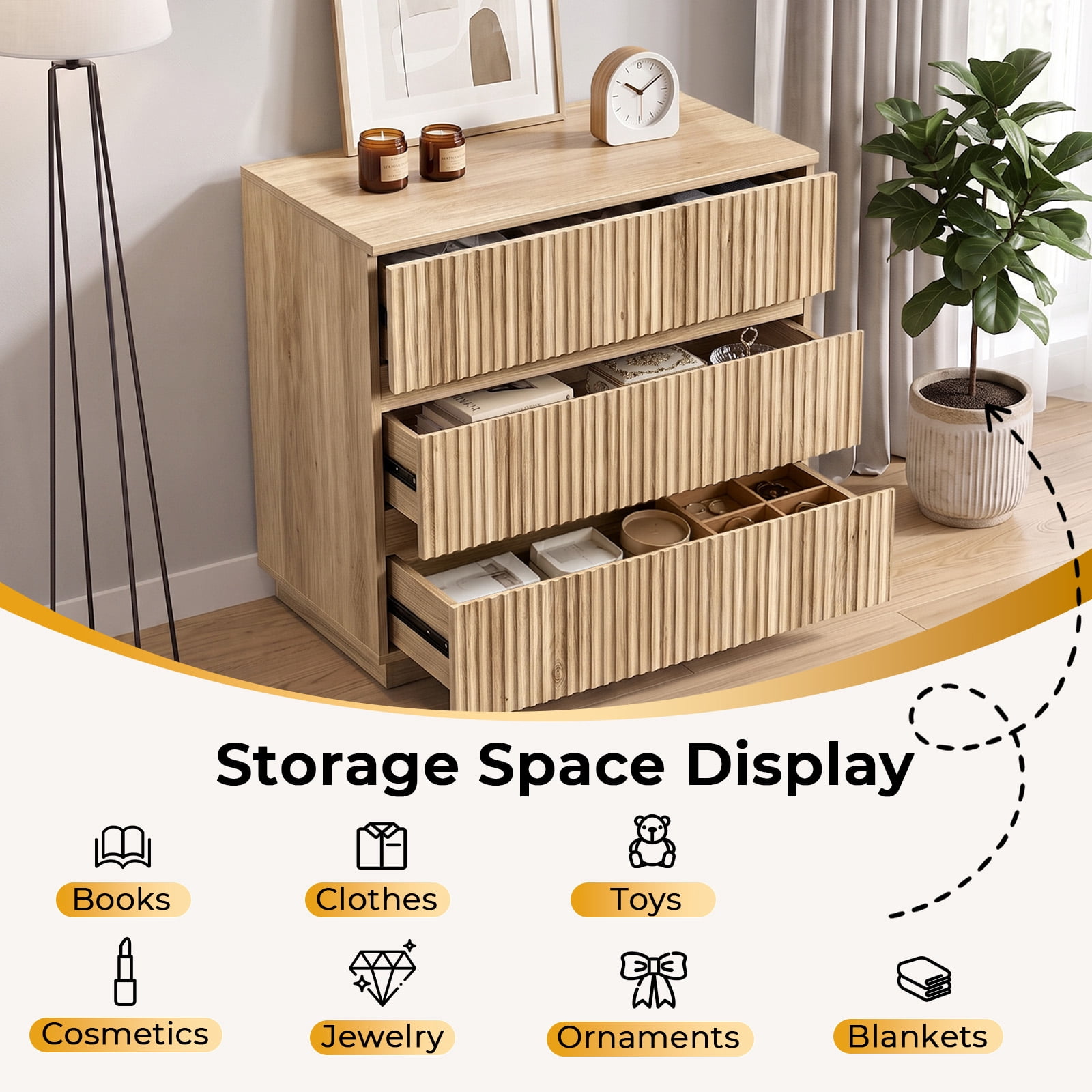 Handleless Grille-Finished 3-Drawer Bedside Table, P2 Particleboard + MDF & Melamine Veneer + Thermoformed Drawer Cabinet 23.62*12.99*22.05in Oak