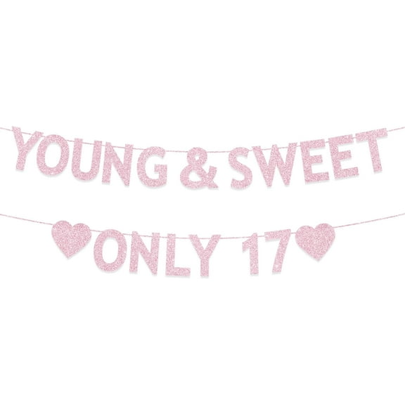 17th Birthday Party Decorations for Girls, Rose Gold Glitter Young & Sweet Only 17 Banner, Dancing Queen 17,Girls 17 Years Old Birthday Party Decorations Supplies