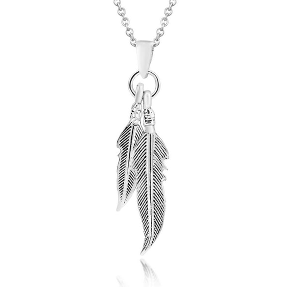 Amazing Double Feather Dangle .925 Sterling Silver Pendant Necklace
